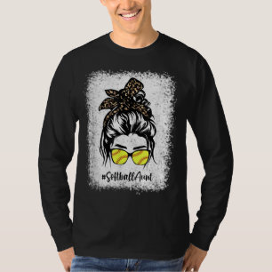 Softball Aunt Messy Hair Bun Leopard Women Mother' T-Shirt