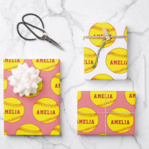 Softball Ball Player Kids Name Birthday Wrapping Paper Sheet