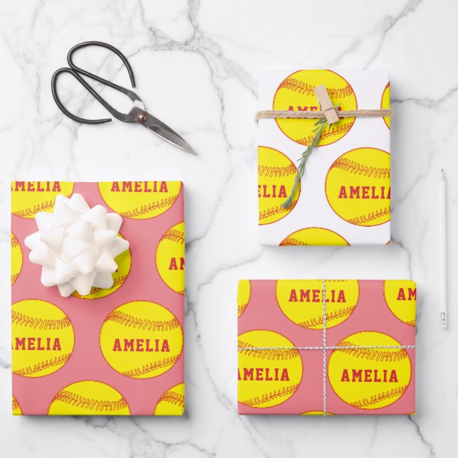 Softball Ball Player Kids Name Birthday Wrapping Paper Sheet (Front)