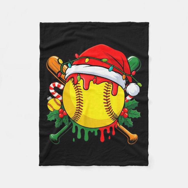 Softball Ball Santa Hat Christmas Softball Drip Xm Fleece Blanket (Front)