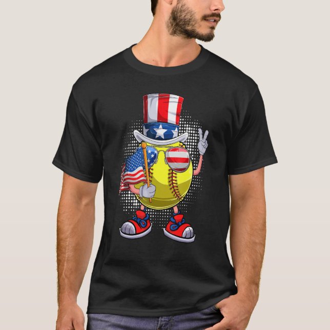 Softball Ball Uncle Sam Hat American Flag 4th Of J T-Shirt (Front)