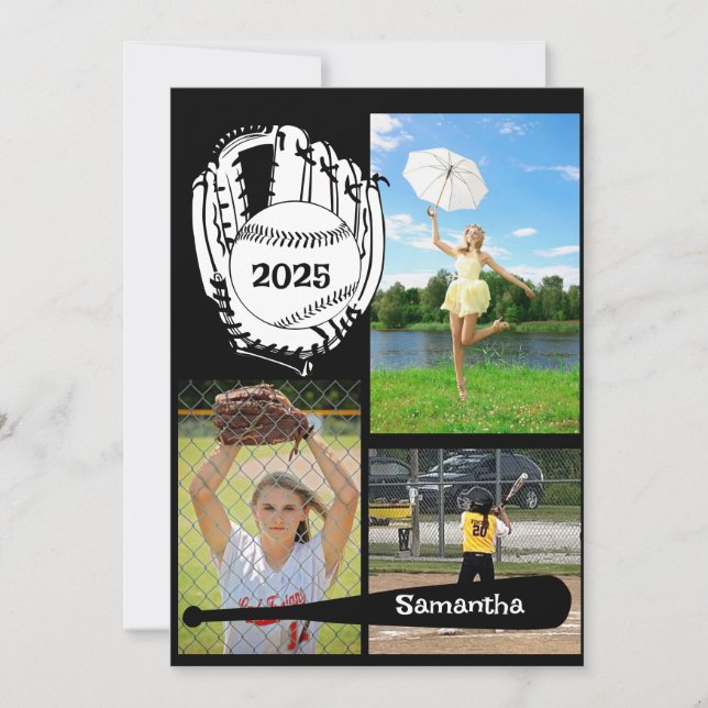 Softball/ Baseball 3 Photo Black Graduation  Invitation (Front)