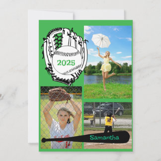 Softball/ Baseball 3 Photo Green Graduation  Invitation