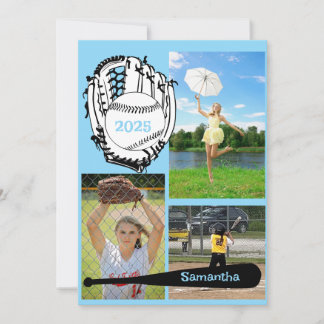 Softball/ Baseball 3 Photo Light Blue Graduation  Invitation
