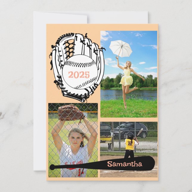 Softball/ Baseball 3 Photo Peach Graduation  Invitation (Front)
