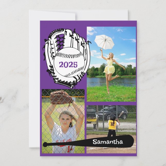 Softball/ Baseball 3 Photo Purple Graduation  Invitation (Front)