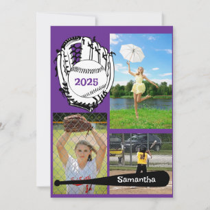 Softball/ Baseball 3 Photo Purple Graduation  Invitation