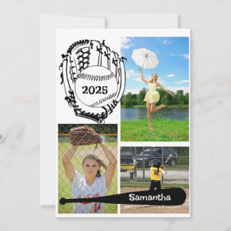 Softball/ Baseball 3 Photo White Graduation  Invitation