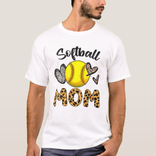 Softball Baseball Mom Heart Leopard Printed Mother T-Shirt