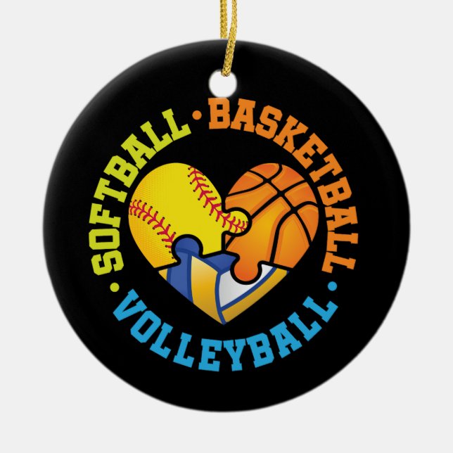Softball Basketball Volleyball Heart Ceramic Ornament (Front)