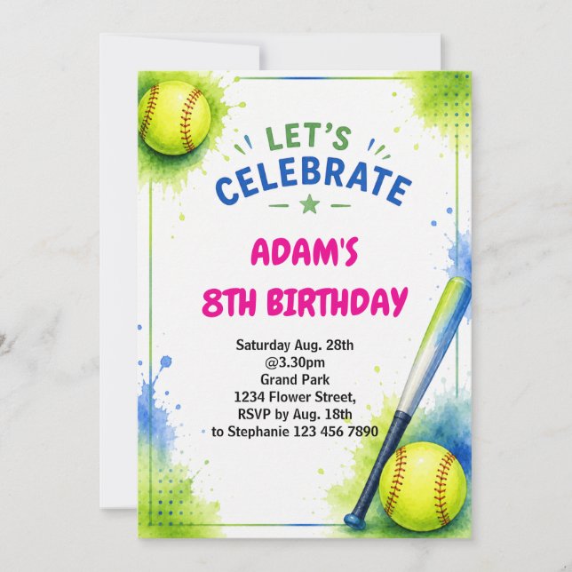Softball Birthday Invitation Watercolor Theme (Front)