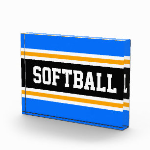 SOFTBALL Bright Blue Black White Yellow Stripes Photo Block