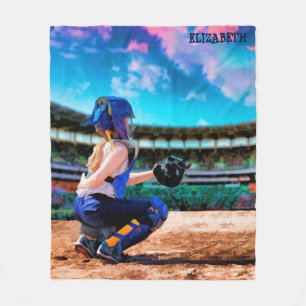 Softball Catcher And Stadium Painting Fleece Blanket