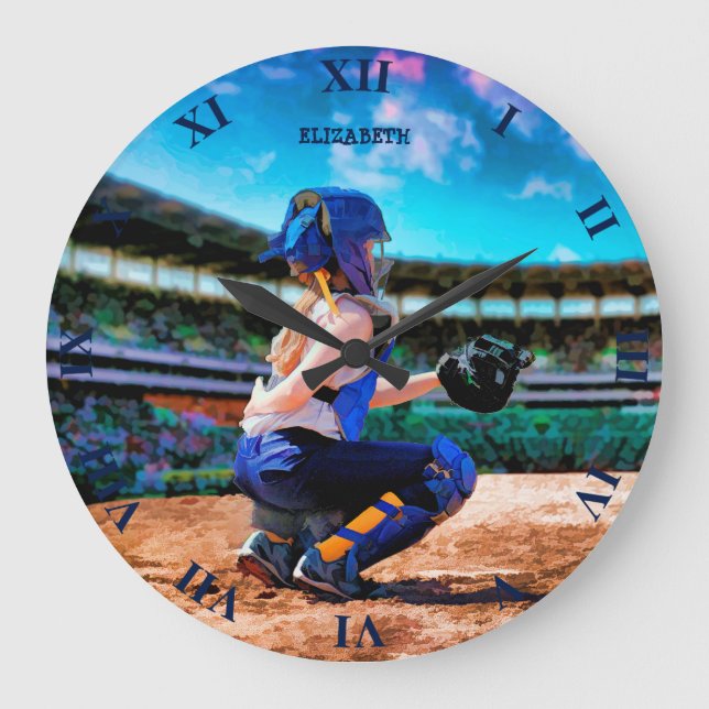 Softball Catcher And Stadium Painting Large Clock (Front)