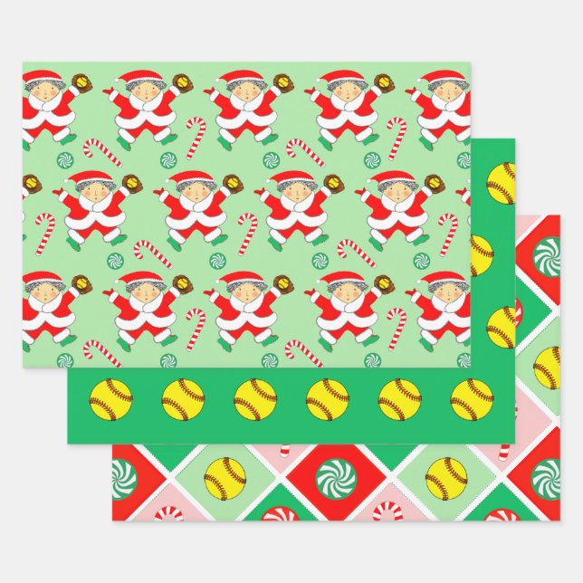 Softball Christmas Holiday Gift Wrapping Paper (Set)