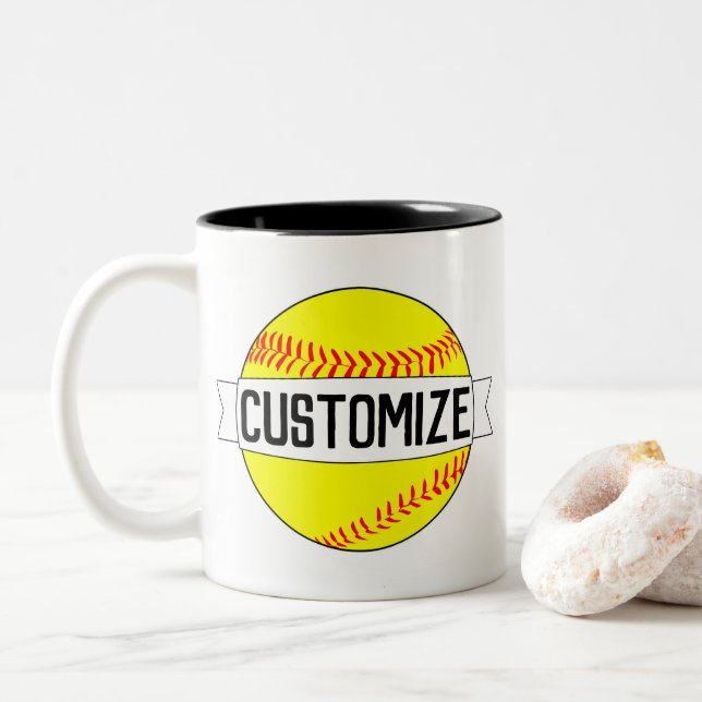 Softball Custom Team Name and Colour Sports Fan Two-Tone Coffee Mug (With Donut)