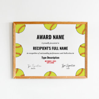 Softball Excellence Award Certificate Poster