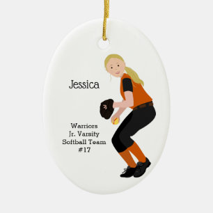 Softball Female Blonde Black & Orange Ceramic Ornament