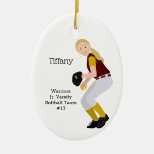 Softball Female Blonde Burgundy & Gold Ceramic Ornament