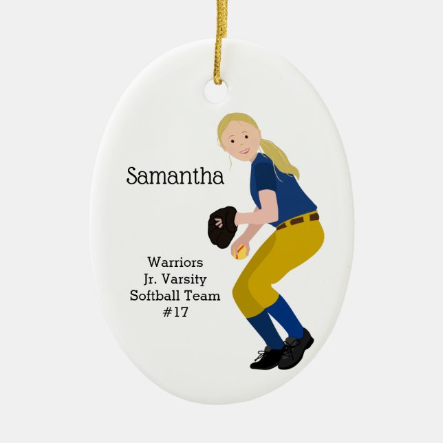 Softball Female Blonde Gold & Blue Ceramic Ornament (Front)