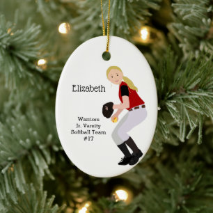 Softball Female Blonde Red & Black Ceramic Ornament