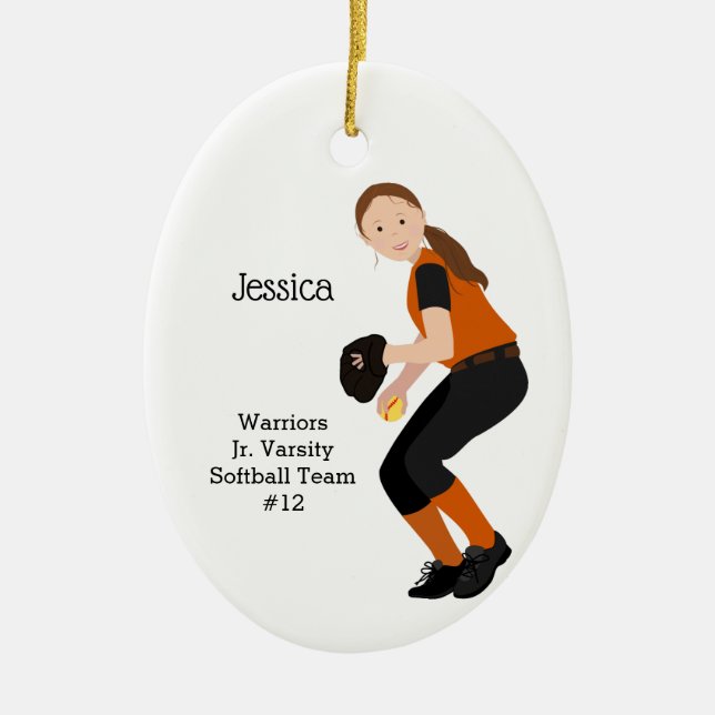 Softball Female Brunette Orange & Black Ceramic Ornament (Front)