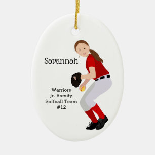 Softball Female Brunette Red & White Ceramic Ornament