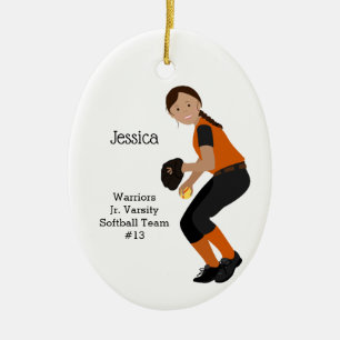 Softball Female Dark Hair Black & Orange Ceramic Ornament
