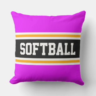 SOFTBALL Fun Bright Pink Black Athletic Stripes Cushion