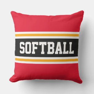 SOFTBALL Fun Bright Red Black Athletic Stripes Cushion