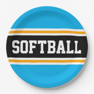 SOFTBALL Fun Bright Sky Blue Black Yellow Stripes Paper Plate