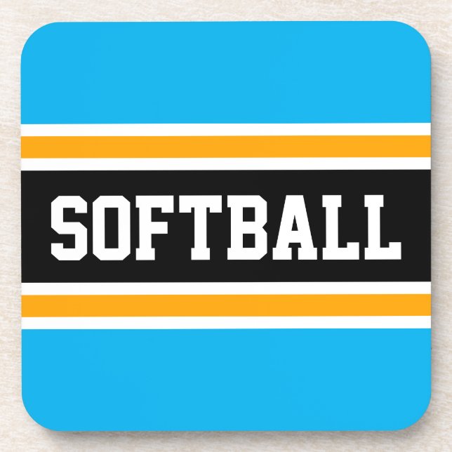 SOFTBALL Fun Bright Sky Blue Yellow Black Stripes Coaster (Front)