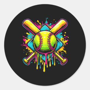 Softball Girl Ice Cream Softball Drip  Classic Round Sticker