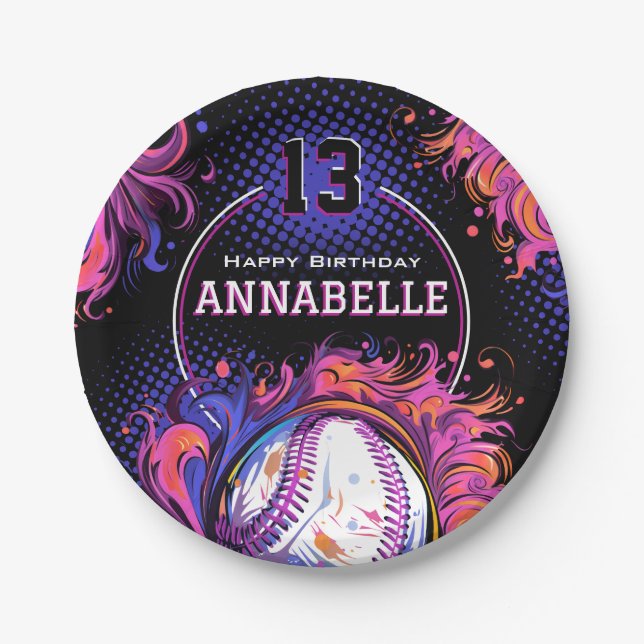 Softball Girls Birthday Party Paper Plate (Front)