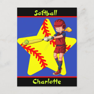 Softball Girls Star Batter Swing Personalised Postcard
