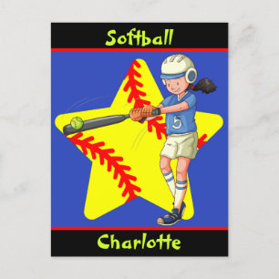 Softball Girls Star Batter Swing Personalised Postcard