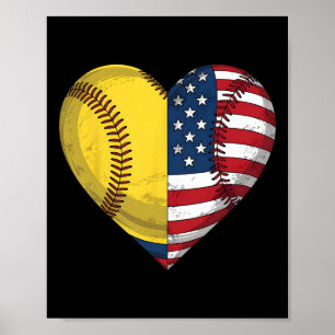 Softball Heart American Flag 4th Of July For Women Poster