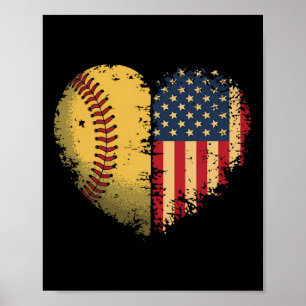 Softball Heart American Flag Patriotic Softball Lo Poster