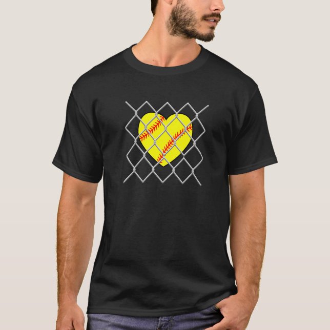 Softball Heart Behind A Chain Link Fence  My View  T-Shirt (Front)