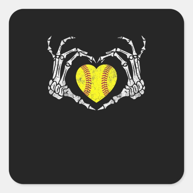 Softball Heart Skeleton Hand Halloween Costume Fun Square Sticker (Front)