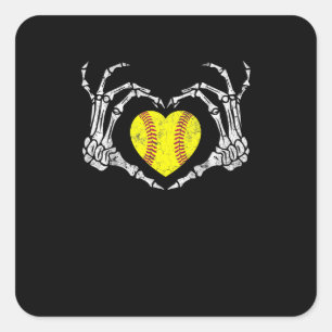 Softball Heart Skeleton Hand Halloween Funny Square Sticker