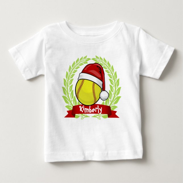 Softball In A Santa Hat Christmas Style Baby T-Shirt (Front)