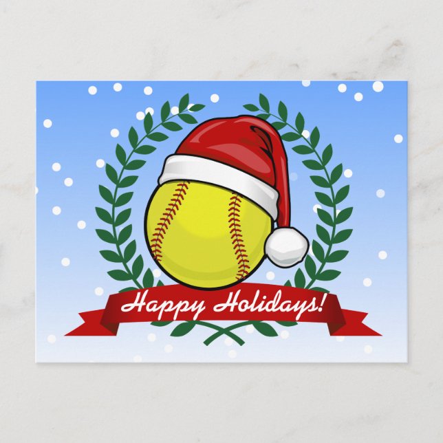Softball In A Santa Hat Christmas Style Holiday Postcard (Front)