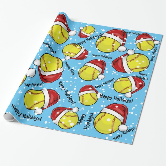 Softball In A Santa Hat Christmas Style Wrapping Paper (Unrolled)