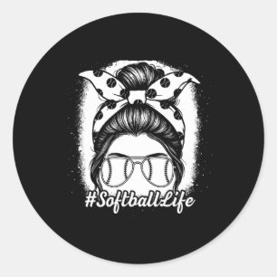 Softball Life Messy Bun Bat Glove Pitch Girl Women Classic Round Sticker
