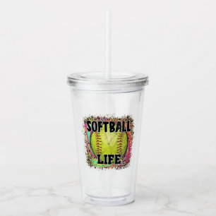 Softball Life Tie Dye Leopard Print Yellow Ball  Acrylic Tumbler