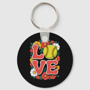 Softball Love Retro Flower Power Sports Key Ring