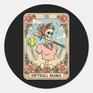 Softball Mama Tarot Card Skeleton Halloween Retro Classic Round Sticker