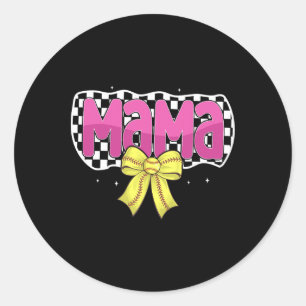 Softball Mom Coquette Bow Softball Checkered Mama  Classic Round Sticker