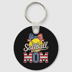 Softball Mom Coquette Bow Softball Usa Flag 4th Of Key Ring